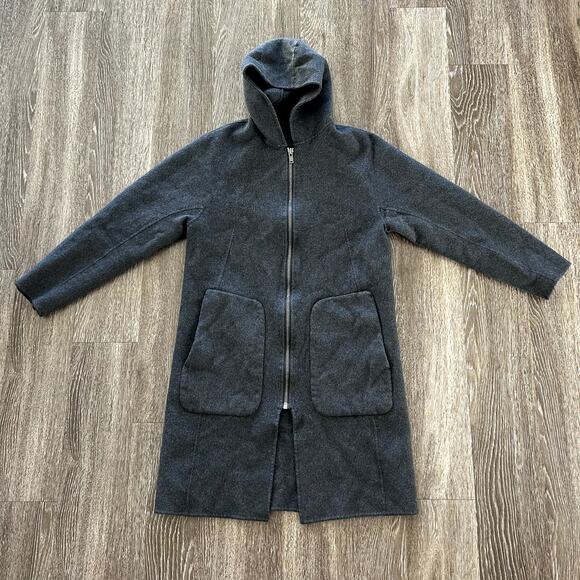 EUC Theory Double-Faced Wool Cashmere Hooded Duffle Coat Gray Longline Jacket L - Picture 15 of 16